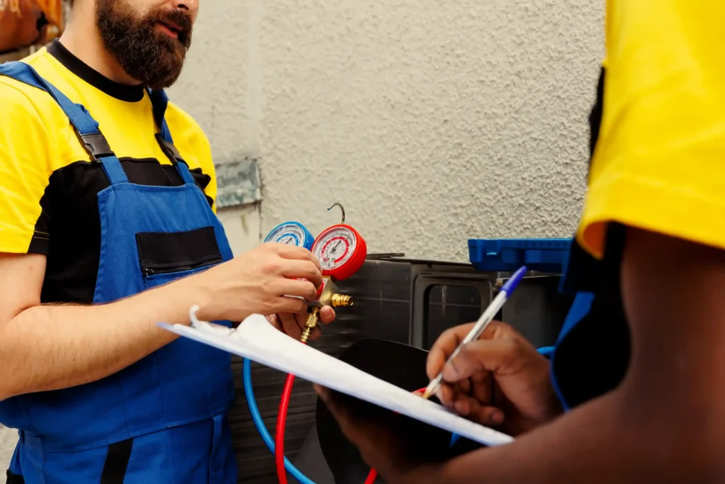 HVAC technicians reviewing a service checklist beside outdoor units