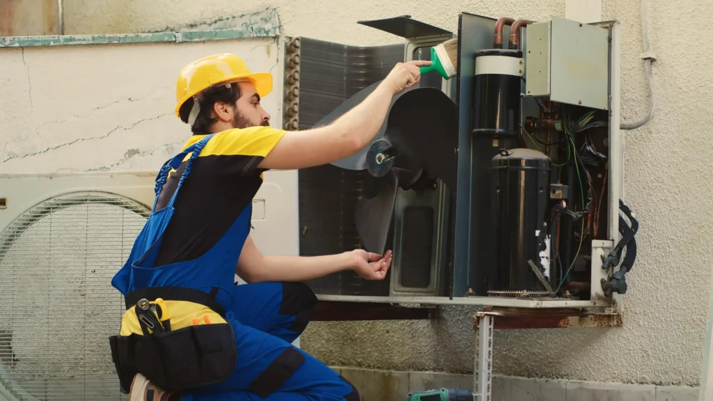Technician in a hard hat servicing a wall-mounted AC unit
