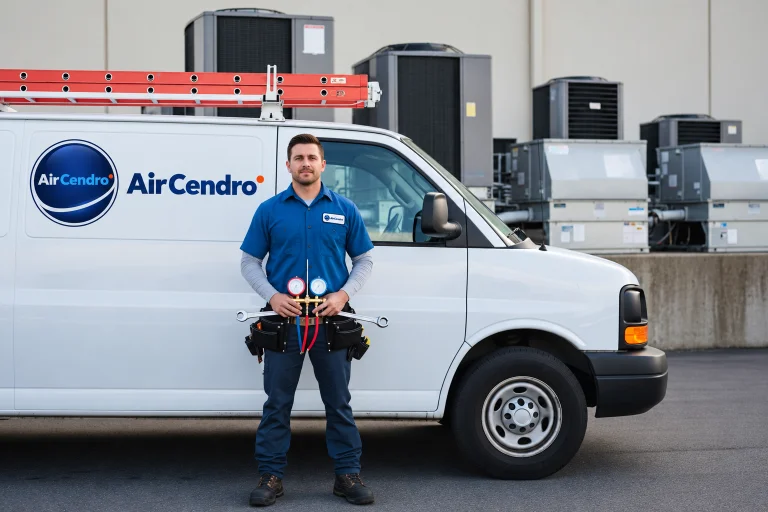 AirCendro service van and technician with air conditioning diagnostic gauges